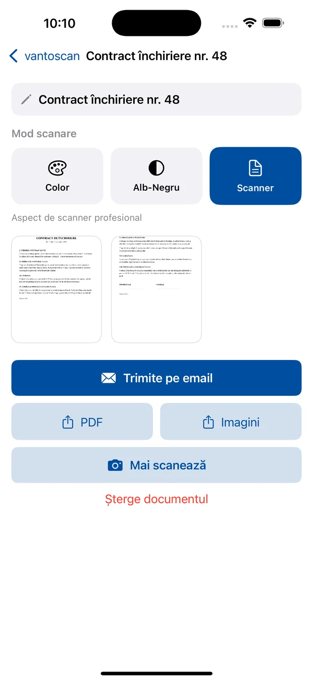Un document deschis în vantoscan, cu paginile și butoanele de trimitere.