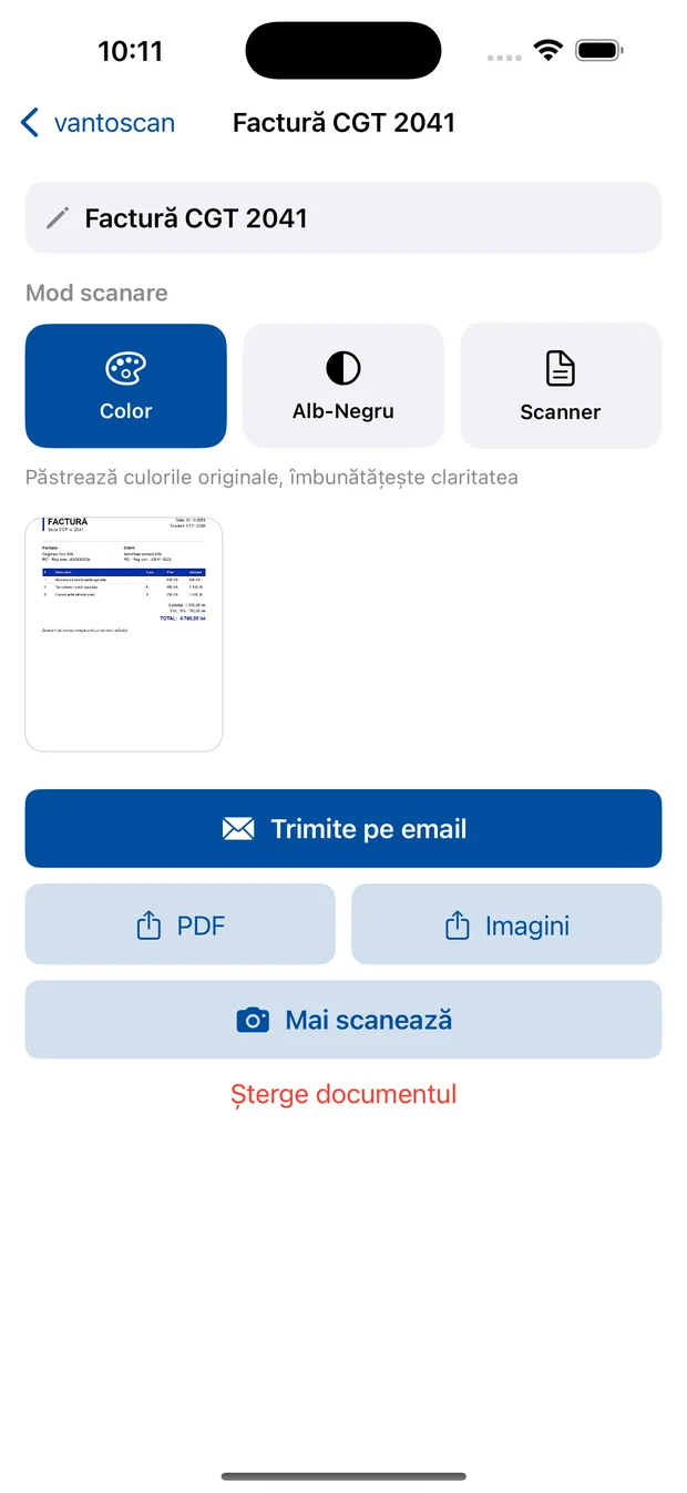 O factură scanată în mod Color în vantoscan.
