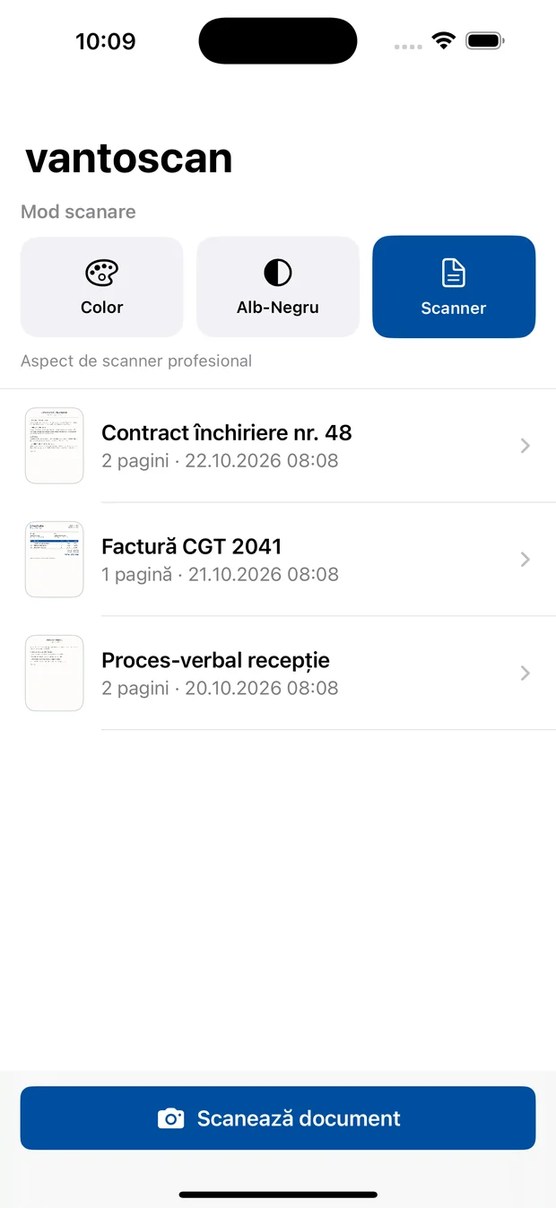 Lista documentelor scanate în vantoscan, cu cele trei moduri de scanare deasupra.